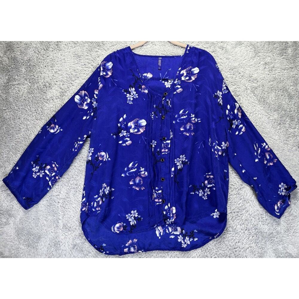 Womens Large Blue Pink Silk Floral Long Sleeve Top Pleated Buttons Loose‎ Fit